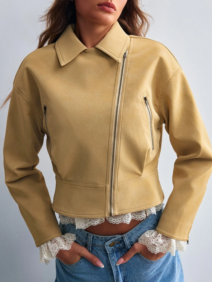Willow Rêve Women's Solid Color Long Sleeve Lapel Zipper Asymmetric Design Cropped Jacket - Khaki - View 1