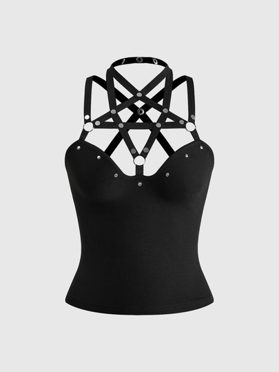 Débardeur tricoté à lacets avec pentagramme gothique et décoration de rivets pour femmes