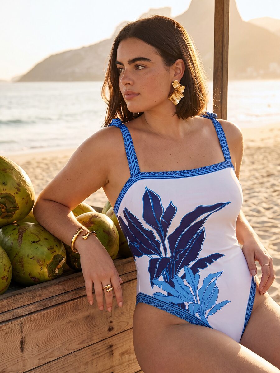 CAJUNI Contrast Binding Tropical Sleeveless Plus Size Wireless Bra OnePieces - Blue and White - View 1