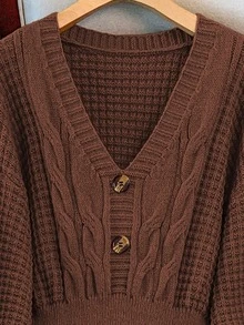 GlowEve CURVE Plus Size V-Neck Lantern Sleeve A-Line Thick Drawstring Knitted Sweater Dress, Solid Color, Winter - Coffee Brown - View 1