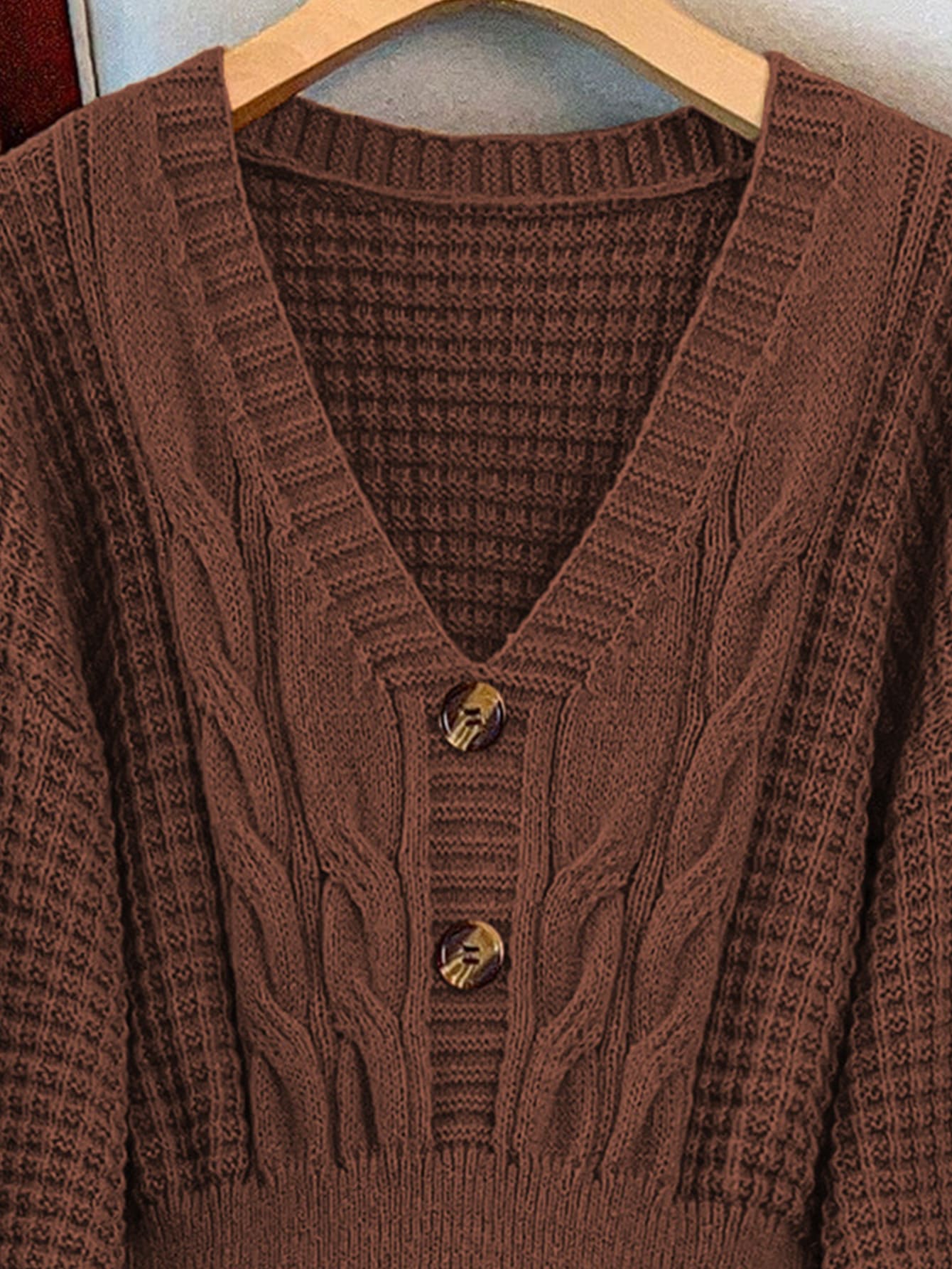 GlowEve CURVE Plus Size V-Neck Lantern Sleeve A-Line Thick Drawstring Knitted Sweater Dress, Solid Color, Winter - Coffee Brown - View 1