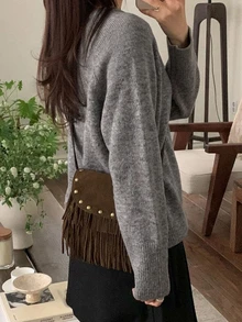 DAZY 女款V領長袖寬鬆休閒毛衣 - 灰色 - 查看 2