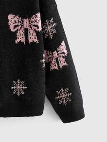 ROMWE Goth Dark Sweet Cool Plus Size Women's Short Cardigan Sweater, Pink Bow & Snowflake Pattern, V-Neck Design, Christmas Party Sweater - Black - View 3