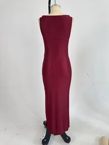 Cheriluna Maternity Burgundy Shiny Fabric Ruched Neck Maternity Portrait Dress, Sleeveless Tank Top Bodycon Split Fishtail, Elegant And Glamorous For Evening Party - Burgundy - View 11