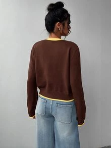 SHEIN BASICS 女款時尚對比色鈕扣針織薄款開襟衫 - 咖啡棕 - 查看 7