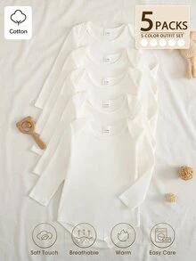 SHEIN 5件組新生兒男嬰連身衣可愛甜美白色羅紋領肩扣長袖圓領生日派對冬季聖誕節假期 - 白色 - 查看 4