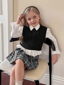 SHEIN Young Girl Ribbed Knit Sweater Vest With Cable Texture, Elegant & Cute, High Quality, Warm & Soft - Black - View 9