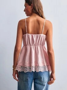Willow Rêve Women's Lace Patchwork Asymmetrical Hem Tie Strap Tank Top, Fashionable Girly Style - Pink - View 2