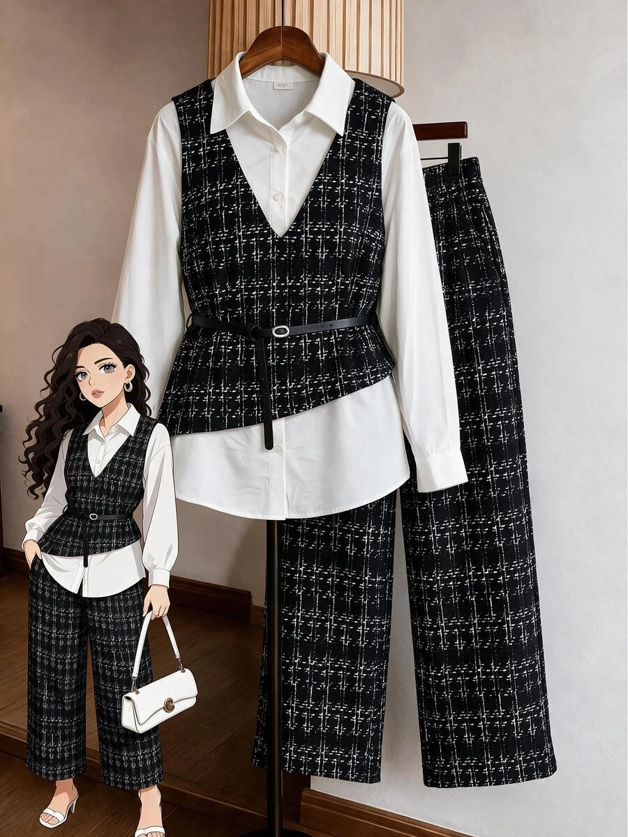 Modelyn Setelan Kasual 2 Potong Wanita Ukuran Besar dengan Atasan Lengan Panjang dan Celana Motif Patchwork 2 in 1 - Hitam dan Putih - View 1