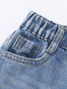 SHEIN 少女 Y2K 街頭日常彈力腰直筒牛仔褲 平口袋 日常 OOTD - 中等水洗藍 - 查看 5