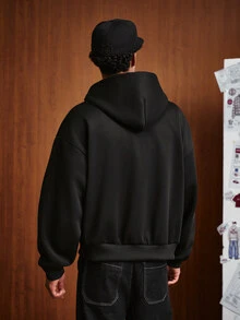 TOKVUE Men's Black Zip-Up Hoodie, Bold White Chunky Zipper Contrast Design For High Visibility, Loose Drop Shoulder Cut With Classic Kangaroo Pocket, Relaxed Fit For All Body Types, Minimalist Solid Base With Creative Zipper Detail, Street Style Versatile And Timeless, Suitable For Daily Commute, Casual Wear, Spring/Autumn Outerwear, And Winter Layering - Black - View 2