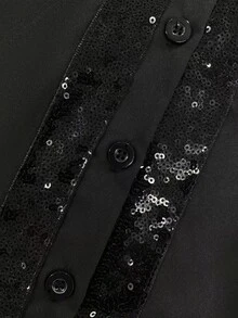 SHEIN Women's Collared Mesh Sheer Blouse, Sequin Placket Button-Down Long Sleeve Slim Fit Elegant Black Shirt - Black - View 6