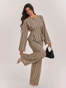 SHEIN Tall Women's Modest-Style Khaki Striped Long-Sleeve Top And Trousers Two Pieces Set - Khaki - View 5