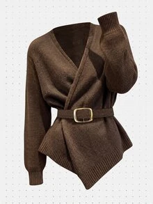 GlowEve Women's Gray V-Neck Asymmetrical Hem Sweater, Spring/Autumn New Style Lace-Up Waist Knitted Cardigan Top, Versatile Daily Wear - Coffee Brown - View 1