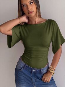 Aloruh Damen Herbst Neu Aprikose Elegant Sexy Süß Mode Lässig Täglich Pendeln Date Abendessen Fledermausärmel Tailliert Slim Fit Bodysuit - Armeegrün - Übersicht 4