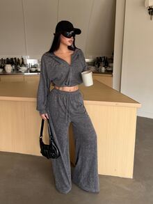 DAZY Women's 2pcs Set Gray Short Zip-Up Hoodie With Drawstring And Wide Leg Long Pants, Washed Distressed Street Casual Sportswear, Autumn/Winter - Grey - View 4