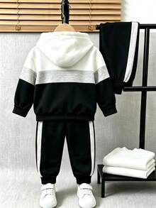 2件組青少年男孩時尚極簡舒適連帽衫與運動長褲套裝，極簡拼接小馬印花設計，適合假期聚會、派對、休閒舒適穿著，男孩春/秋/冬首選，街頭風休閒穿搭，返校聚會適用 - 彩色 - 查看 2