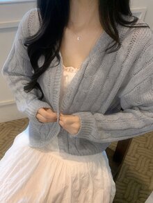 DAZY Solid Color Loose V-Neck Long Sleeve Casual Vacation Korean Style Autumn/Winter Knit Sweater For Women - Grey - View 5