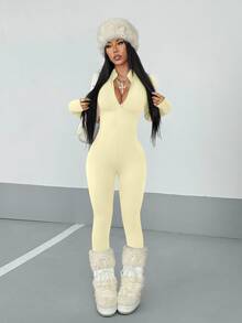 StreetHx Streetwear Women's Solid Color Long Sleeve Half-Zip Jumpsuit, Autumn - Yellow - View 5