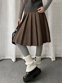 DAZY Women's Dark Gray Striped High Waist Wool Blend Pleated Loose A-Line Mid-Length Skirt - Dark Grey - View 2