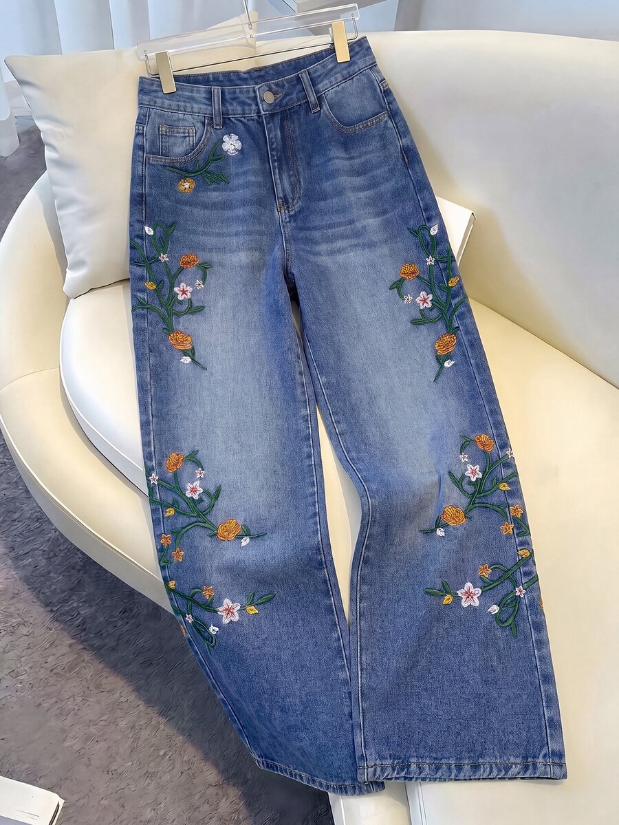 GlowEve Women's Casual Daily Denim Jeans With Pocket, Button And Floral Embroidery Pattern - Blue - View 1