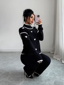 Elenzga Women's Elegant Knitted 2 Pieces Set, Khaki Old Money Style Casual Sweater Set - Black - View 5