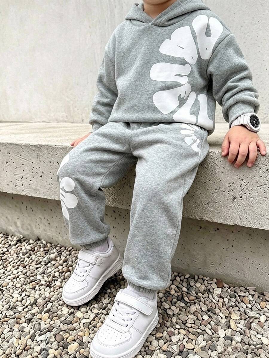 SHEIN Kids 2pcs Young Boy Style Loose Fit Letter Graphic Hoodie And Elastic Waist Autumn Winter Pants Set, - Light Grey - View 1