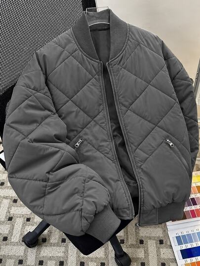 Manfinity Homme Mantel Pria Berkerah Baseball, Berlapis Empuk, Resleting Jahitan Berlian, Atasan Longgar, Cocok untuk Jalan-jalan Santai dan Pakaian Luar Ruangan