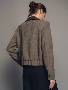 MOTF PREMIUM Wide Shoulder Silhouette Herringbone Contrast Collar Jacket Coat Autumn/Winter - Brown - View 2