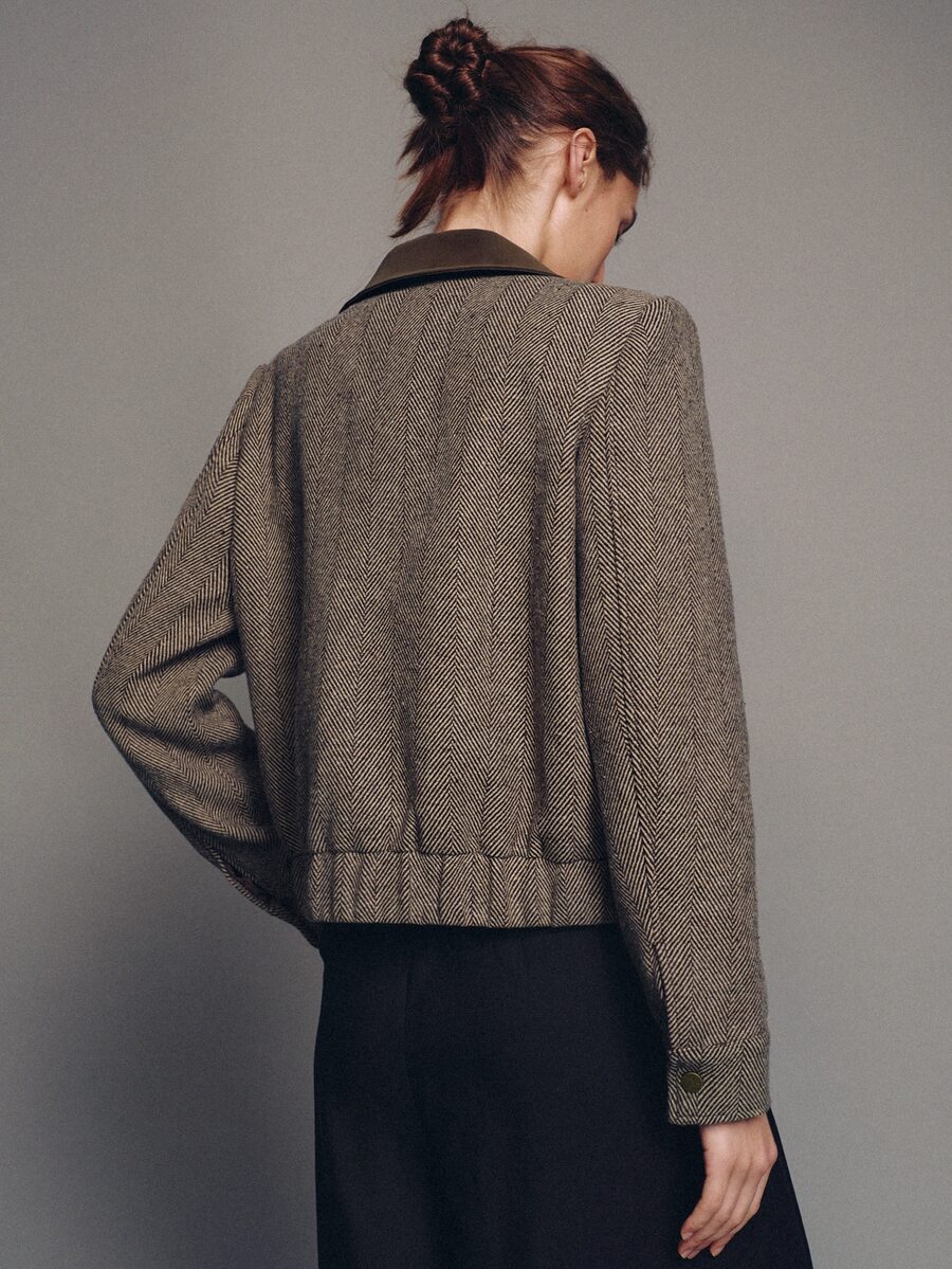 MOTF PREMIUM Wide Shoulder Silhouette Herringbone Contrast Collar Jacket Coat Autumn/Winter - Brown - View 2