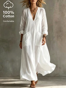 SHEIN 100% Cotton Beige V-Neck Loose Long Dress - White - View 3