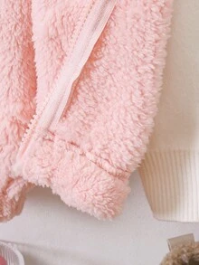 SHEIN Playful Pals 女童可愛加厚抓絨連帽外套 1件裝，粉色蝴蝶結雙面抓絨布料搭配熊耳裝飾，長袖拉鍊夾克，柔軟舒適，甜美可愛，適合女童日常上學、外出、度假、派對，秋冬返校穿著 - 粉色 - 查看 8