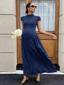 MaterniWear 孕婦時尚簡約半高領短袖拼接洋裝 - 藏蓝色 - 查看 1
