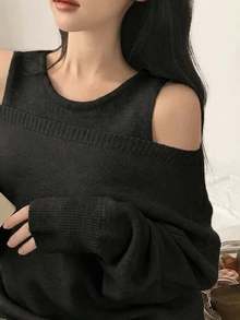 DAZY 女款純色圓領無袖背心與露肩休閒寬鬆針織毛衣 2 件套 - 黑色 - 查看 6