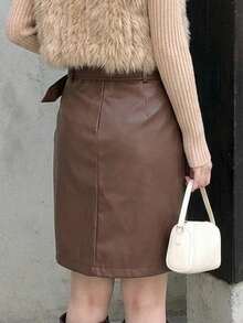 DAZY Women's PU Leather Casual Elegant Skirt - Brown - View 7