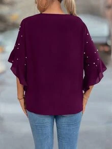 Rometta Plus Size Hollow Neck Ruffle Sleeve Solid Color Blouse - Red Violet - View 2