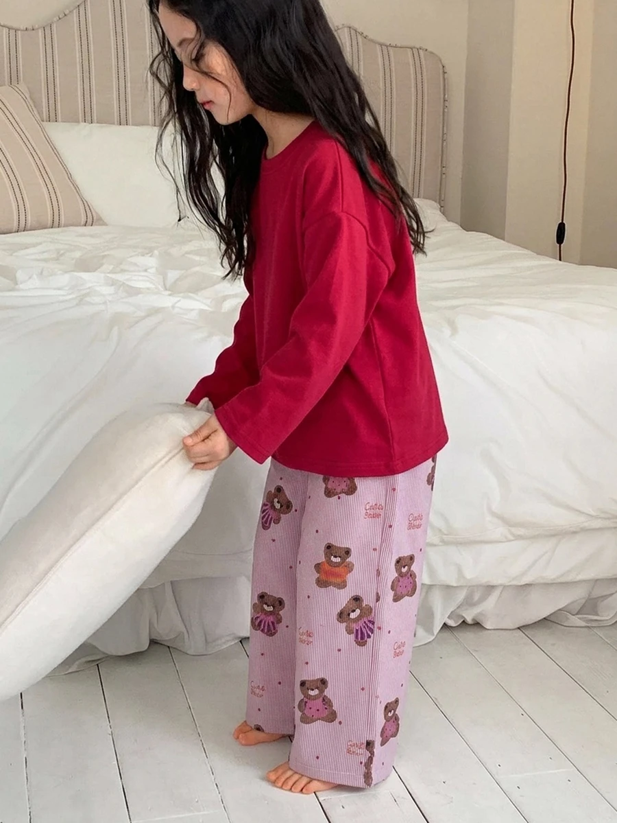 Dazy Kids 女童秋季圓領針織長袖T恤＋長褲居家休閒套裝 - 紅色 - 查看 1