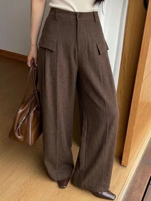 DAZY 秋冬高腰咖啡色翻蓋口袋設計寬鬆寬腿工裝休閒街頭風女款長褲 - 咖啡棕 - 查看 6