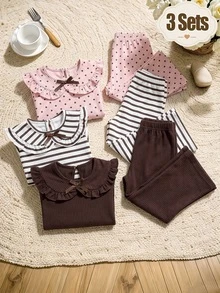 Infant Toddler Ribbed Ruffle Peter Pan Collar Long Sleeve T-Shirt And Flare Pants 2 Pieces Set, Polka Dot Print, Ribbed Print, Brown Solid Color Ribbed, Soft Fabric, Bowknot Accent Comfortable Casual Outfit, Suitable For Spring, Autumn And Winter - Multicolor - View 5