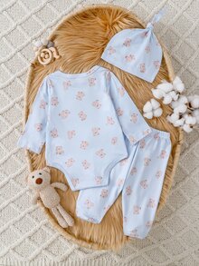 3 Pieces Newborn Long Sleeve Jumpsuit With Footed Pants - Baby Blue - View 3