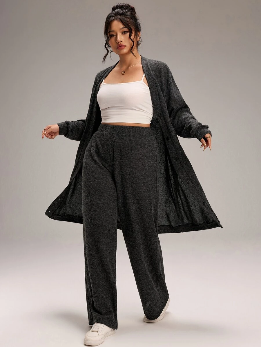EMERY ROSE Plus Size Women Solid Color Long Sleeve Single-Breasted Jacket And Pants Casual 2 Pieces Set Fall - Dark Grey - View 1