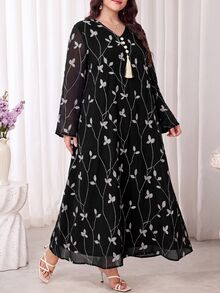 Al Najma 大尺碼女款植物刺繡流蘇設計長袖優雅阿拉伯風洋裝 - 黑色 - 查看 9