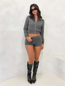 BAD SUNDAY Women's Fitted Lazy Home Sequin Sweater 2 Pieces Set, Y2K Style, Autumn/Winter - Dark Grey - View 4