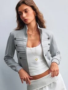 Willow Rêve Women's Light Grey Fitted Zip-Up Sweatshirt,Decorative Buttons,Mock Neck,Long Sleeves,Minimalist Casual Autumn For Daily,Travel,Women's Sweatshirts - Light Grey - View 6