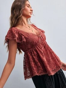 Willow Rêve Women's French Style Lace Tie Top For Date And Outing - Rust Brown - View 6