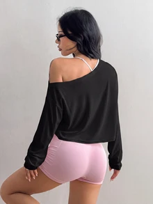 Coolane Women's Solid Color Asymmetrical Shoulder Long Sleeve Sports T-Shirt - Black - View 2