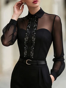SHEIN Women's Collared Mesh Sheer Blouse, Sequin Placket Button-Down Long Sleeve Slim Fit Elegant Black Shirt - Black - View 4