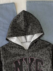 SHEIN 青少年女孩秋冬日常街頭風豹紋字母標語紐約市圖案連帽拉鍊寬鬆夾克深灰色Y2K - 深灰色 - 查看 4