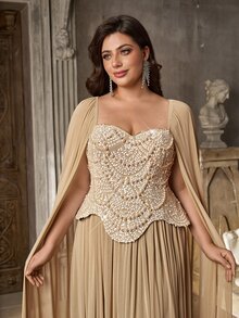 Aureia Plus Size Elegant Glamorous Champagne Beaded Patchwork Mesh Computer Embroidery 2 In 1 Cinched Waist A-Line Heavy Embellished Evening Gown For Important Occasions - Champagne - View 4