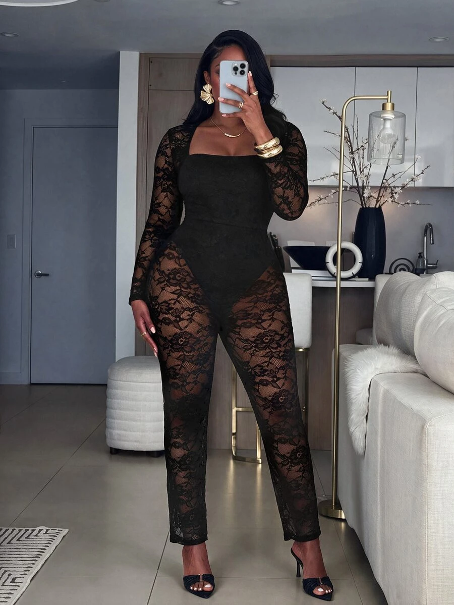 Firerie Plus Size Sexy Street Style Lace Jumpsuit For Music Festival And Vacation - Black - View 1
